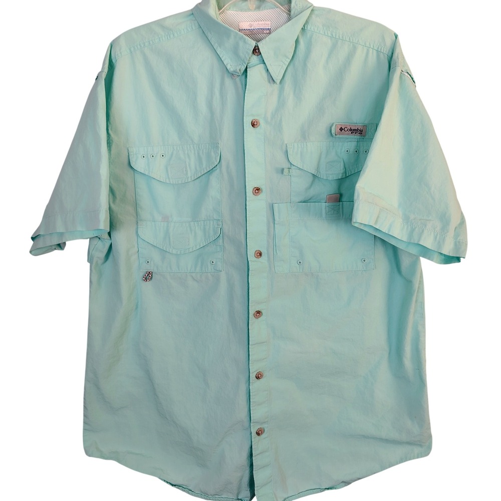 Columbia PFG Bahama II Fishing Shirt Mens Med Short Sleeve Seafoam Green Cotton